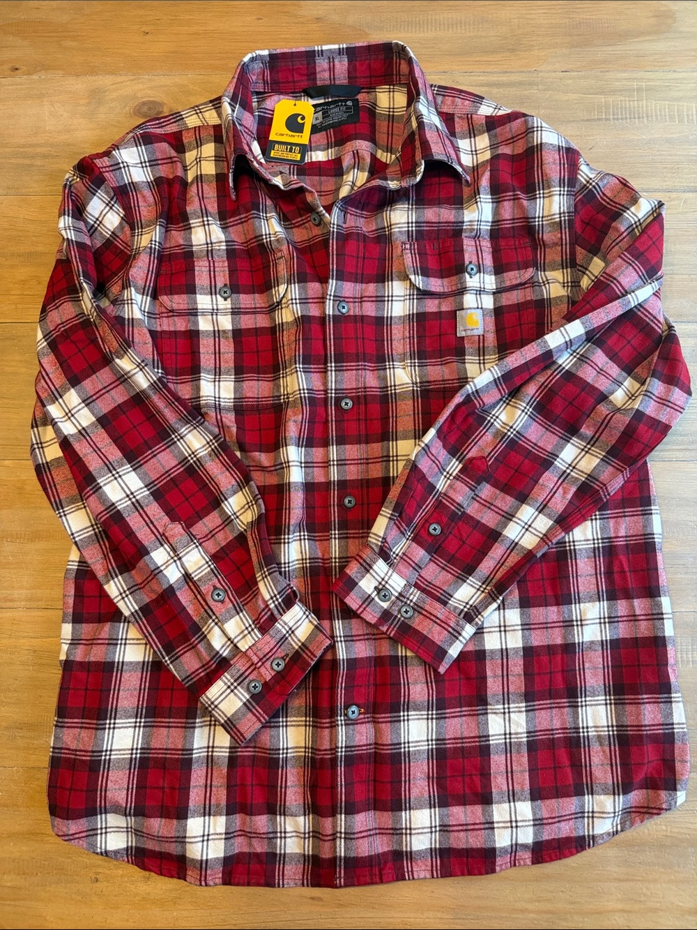 Carhartt Men’s Red and White Plaid Button-Down Shirt
